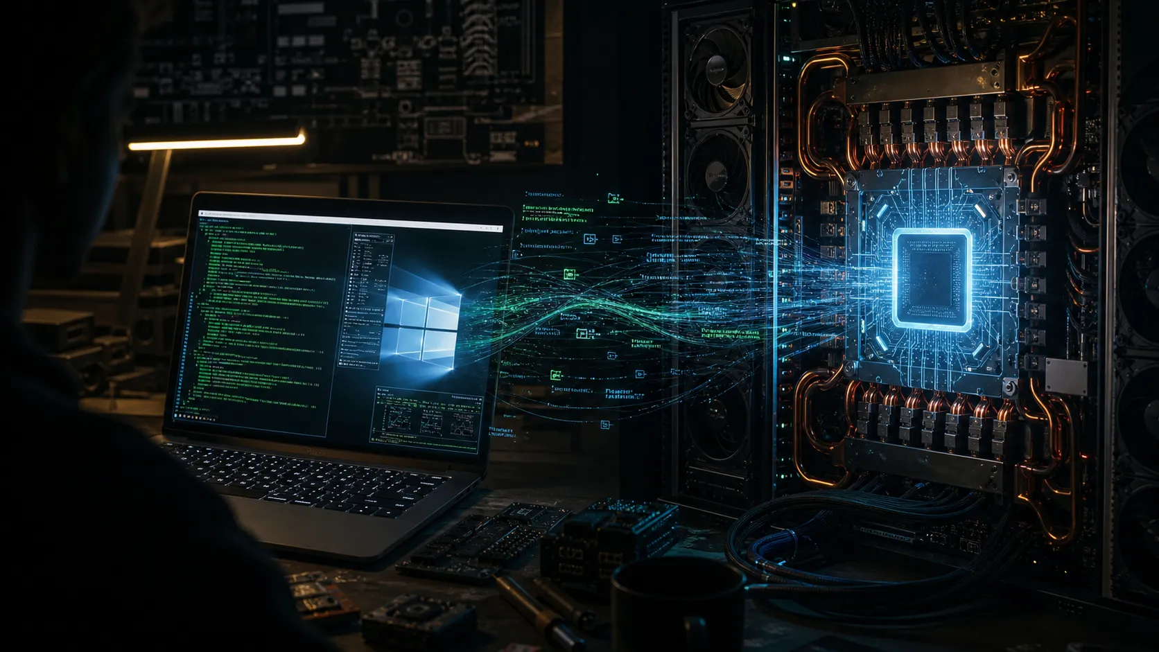 A dark workbench with an AI-enabled laptop sending terminal traces into a glowing server CPU module and rack hardware.