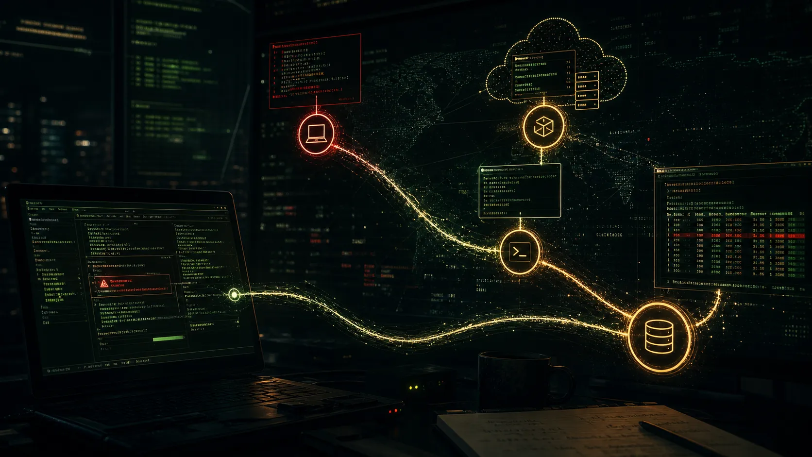 A dark terminal-lit operations desk showing an autonomous attack path moving from a vulnerable notebook server through cloud secrets to an internal database.