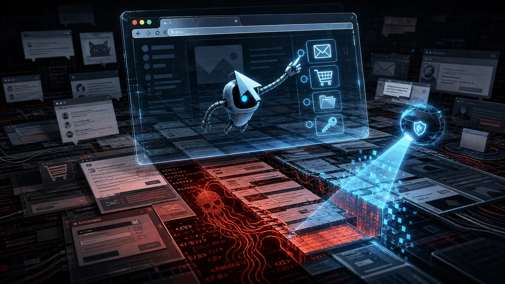 An AI browser cursor reaches toward email, shopping, file, and credential actions while a blue scanner blocks red hidden prompt-injection payloads in a webpage.
