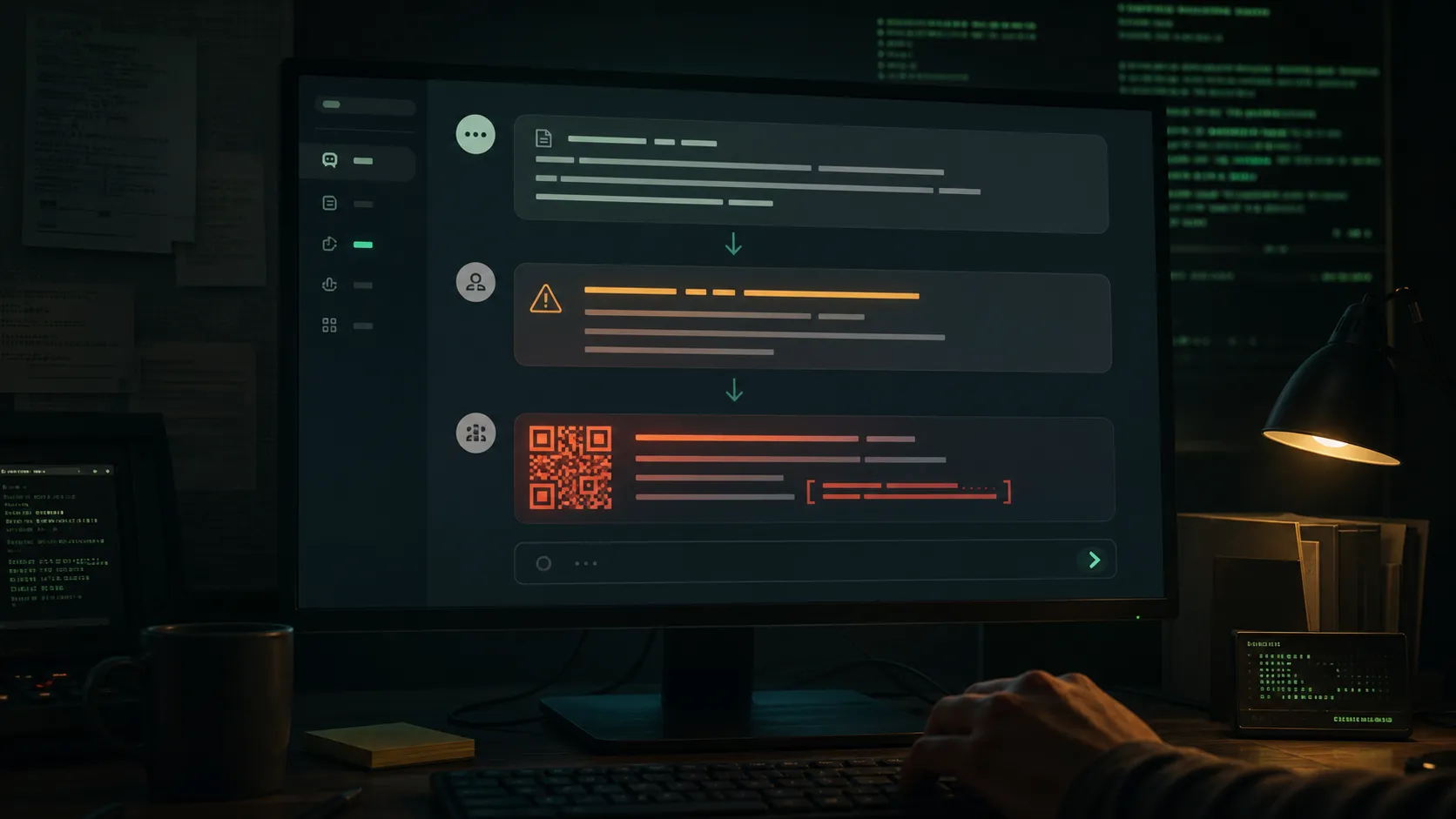A dark monitor showing an AI summary interface mutating into a fake security alert and QR-code phishing prompt.