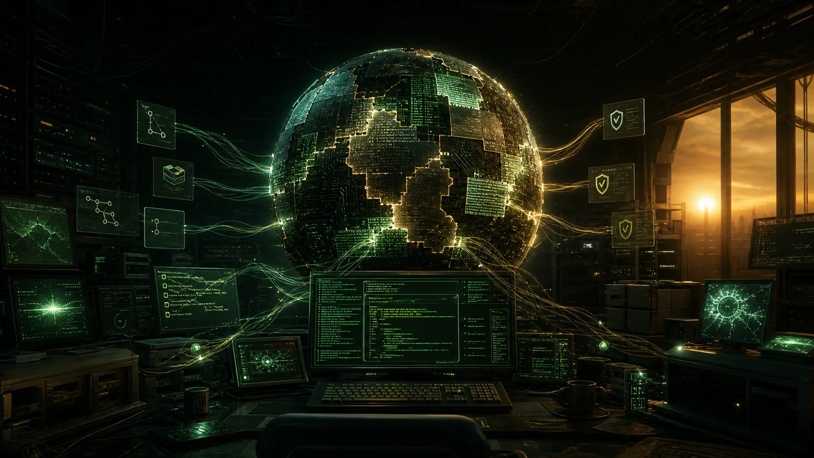 A dark terminal-lit security operations room where a glowing patchwork planet made of code panels is being repaired by luminous threads from AI security workstations.