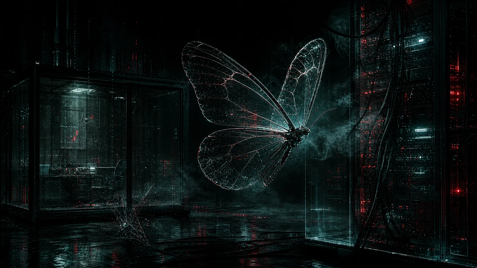 A transparent glasswing butterfly hovering in a darker AI security lab with red alarm glints, server racks, cables, containment glass, and cold teal smoke.