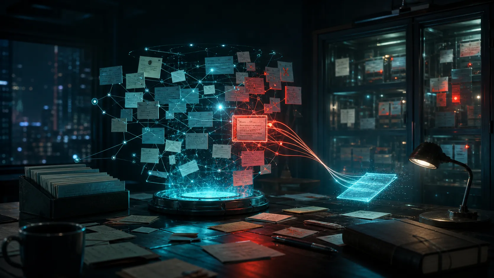 A dark agent workspace where a glowing memory graph pulls an answer toward a red-tagged wrong note among archived fragments.