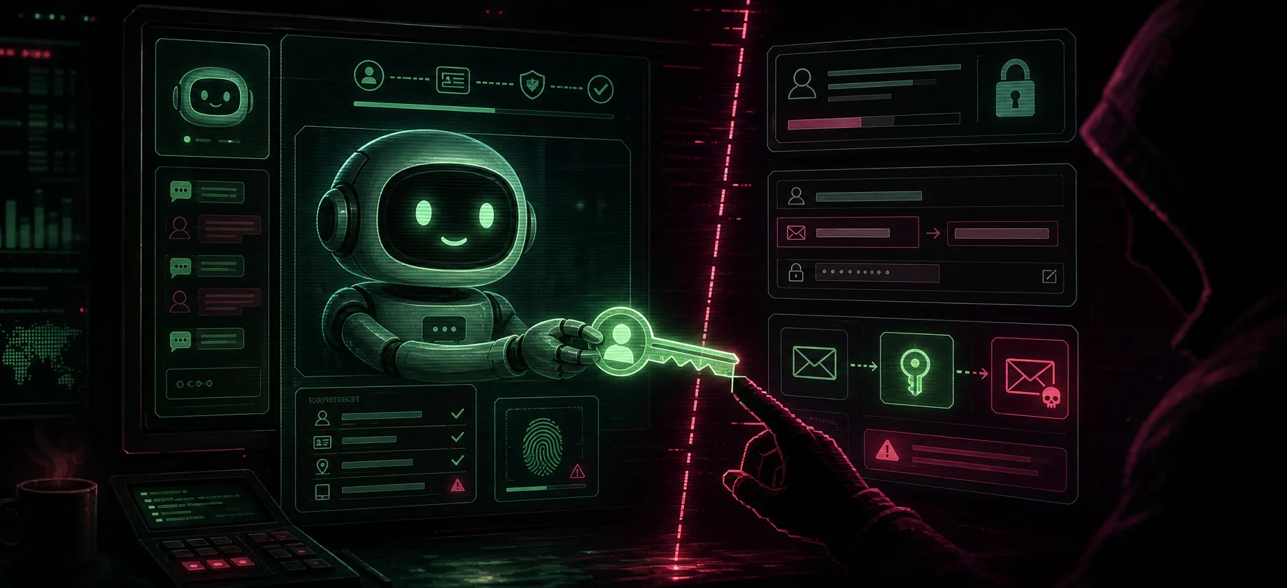 A terminal-lit support console where a chatbot hands a key-shaped access token across a boundary line to a shadowy attacker cursor.
