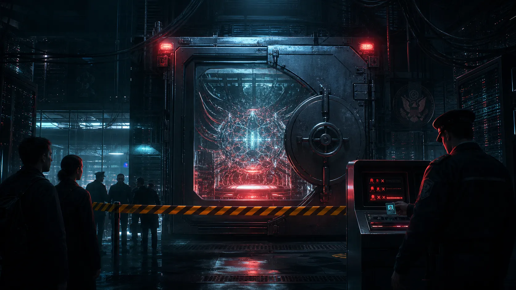 A sealed frontier AI chamber behind a government-style security barrier, with engineers and customers stopped outside under red and cyan warning lights.