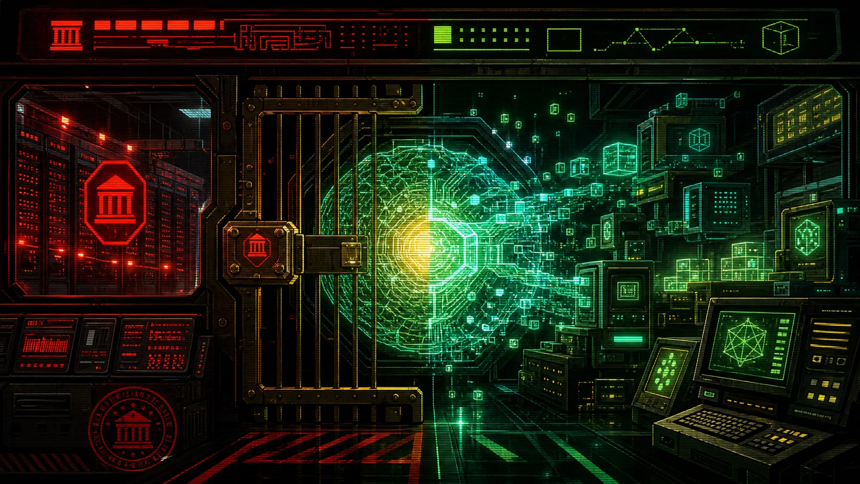 A red government-style AI access gate holds back server racks while a glowing neural core leaks into an open machine room full of local computers and terminal monitors.
