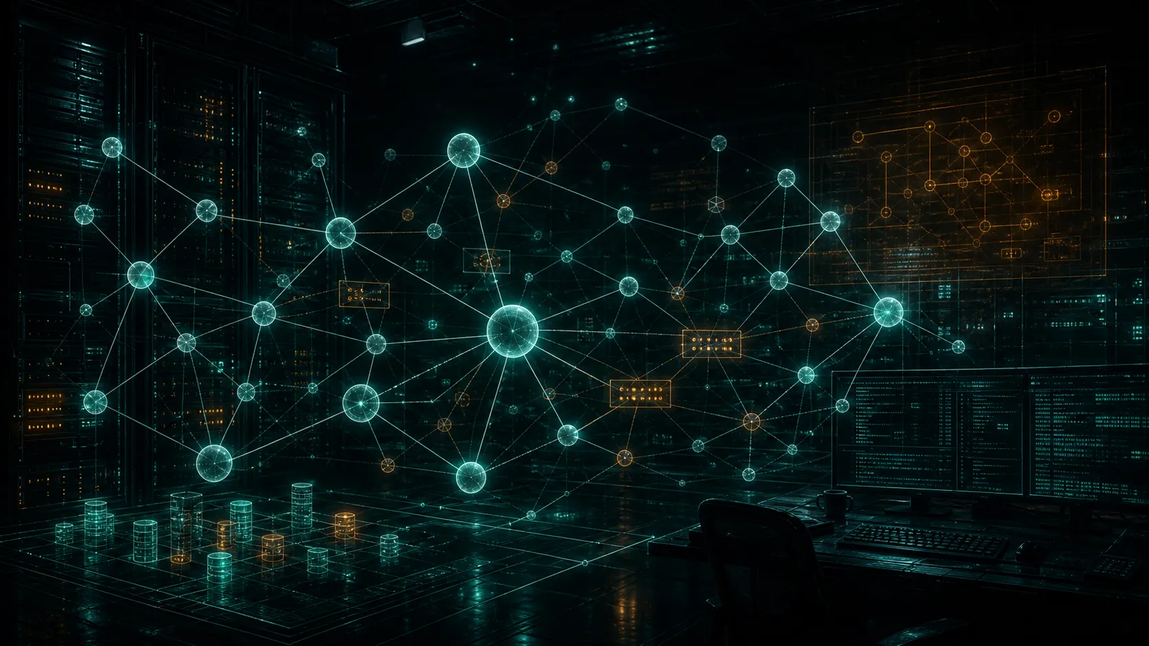 A glowing knowledge graph and database architecture floating across a dark server room.