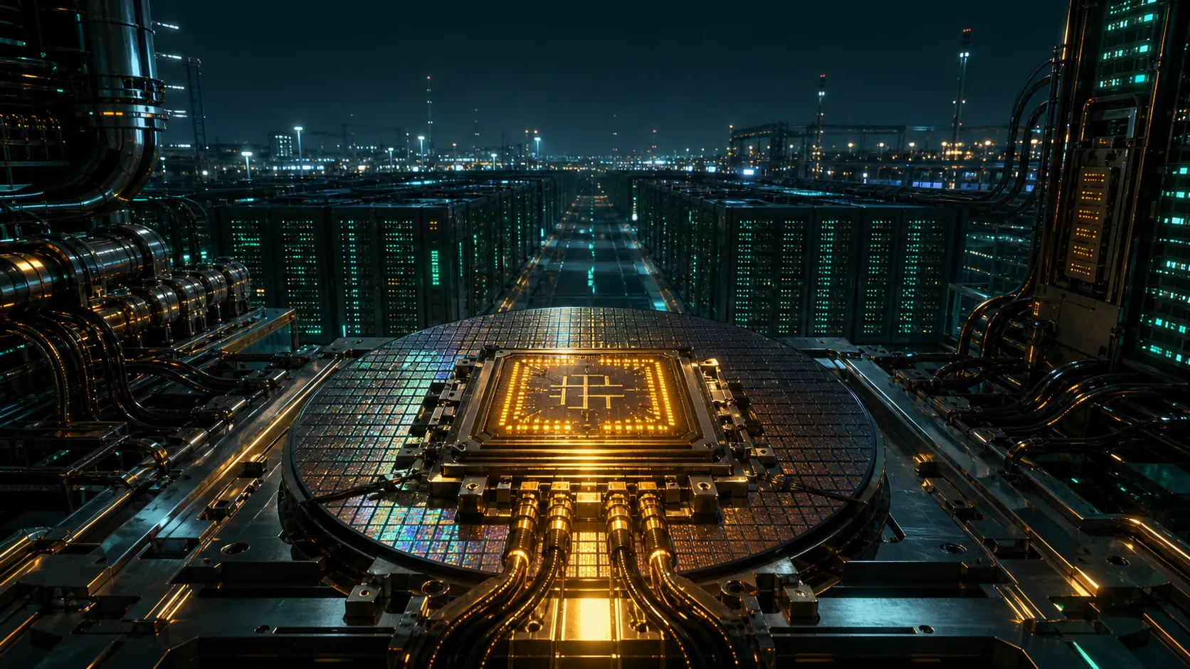 A glowing custom AI inference chip on a wafer table feeds power cables into a vast night-time data center.
