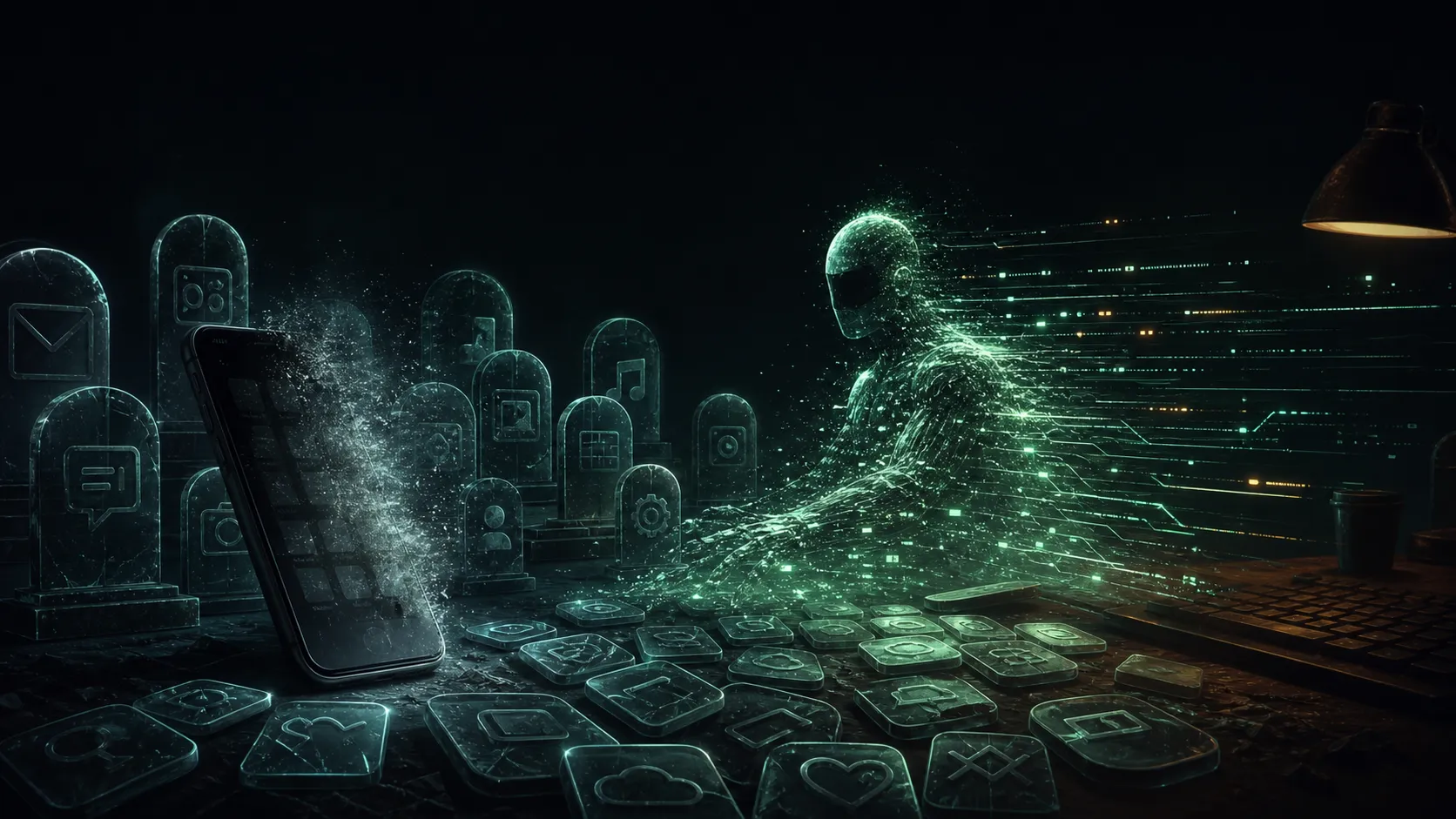 A ghostly AI figure dissolving out of a phone while obsolete app icons lie like glass headstones on a midnight desk.